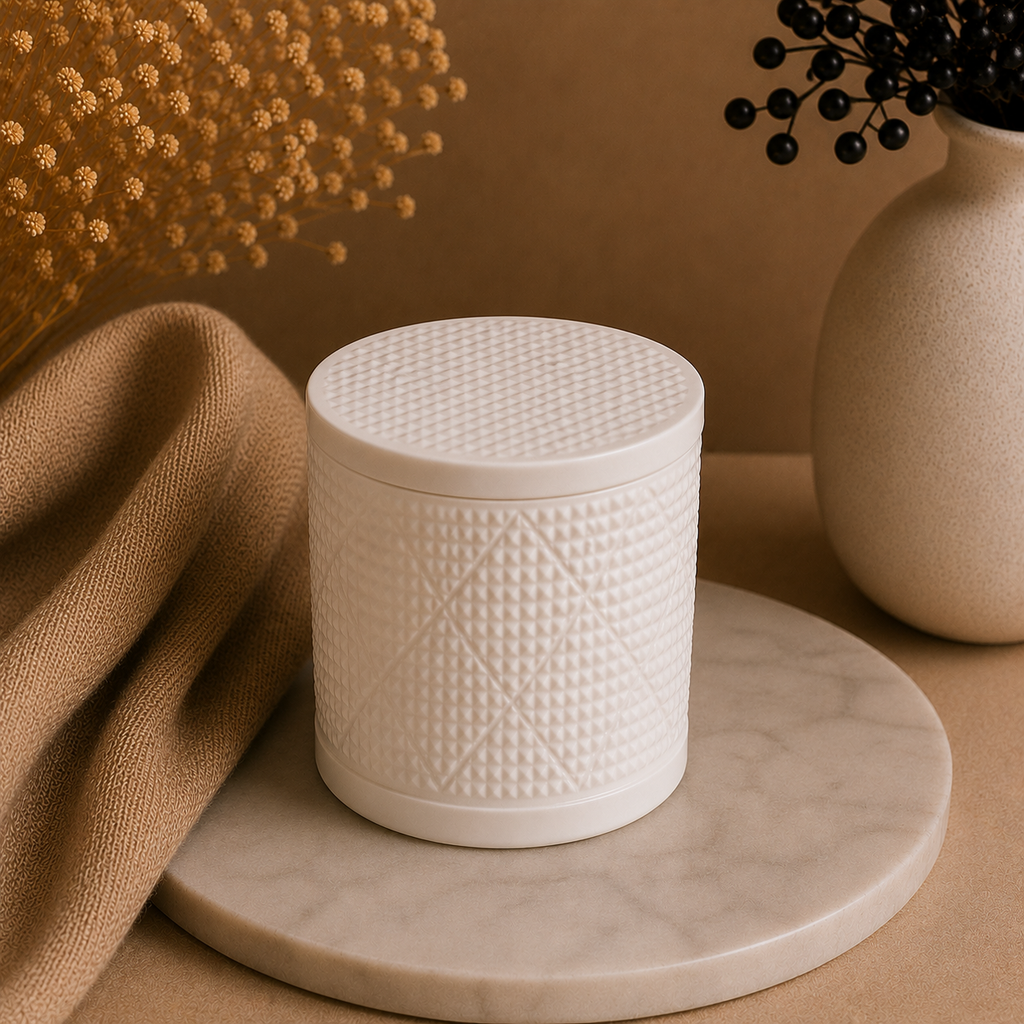 Close-up of Amber Veil luxury soy candle in premium Monaco jar by LUMANIC