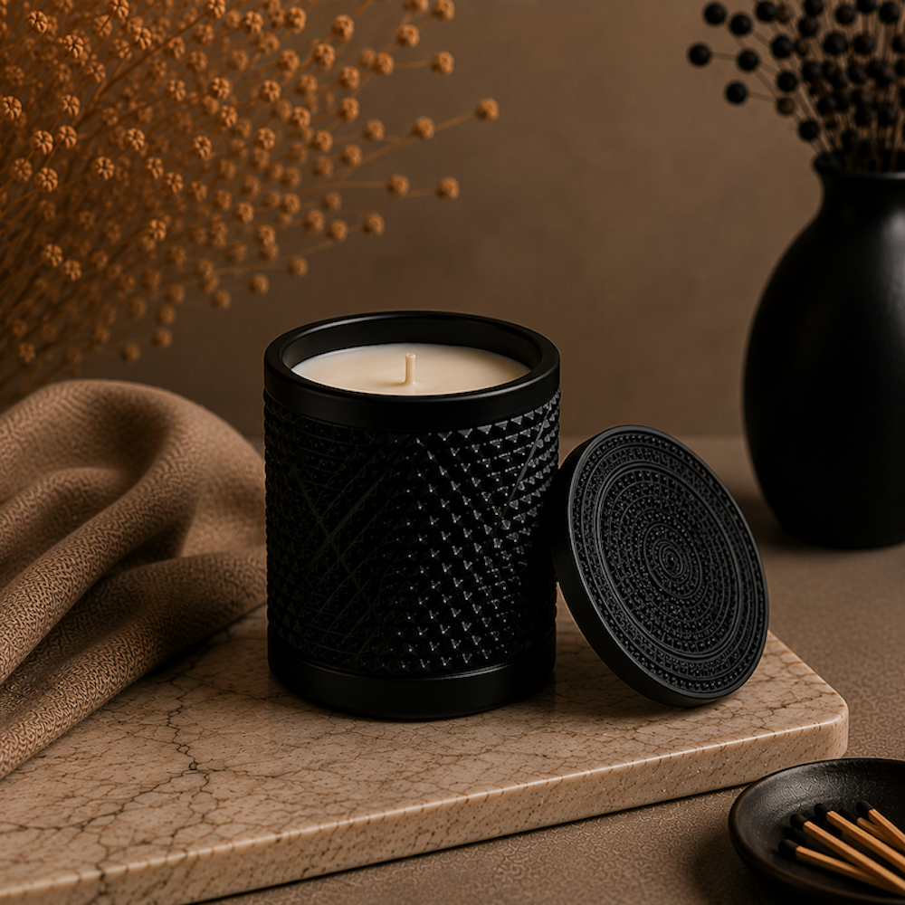 Open Black Musk and Pear luxury soy candle handcrafted in Melbourne by LUMANIC