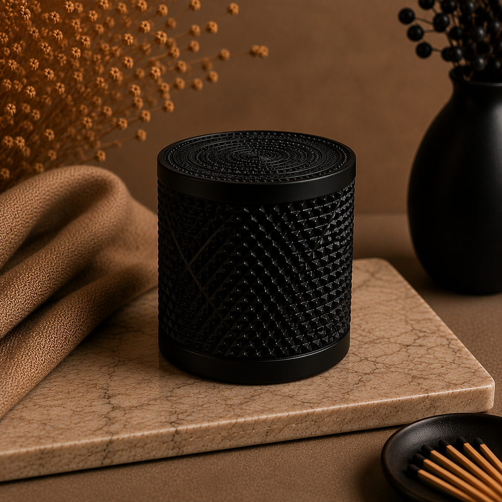 Cocoa Noir chocolate and black raspberry scented soy candle in premium black glass vessel