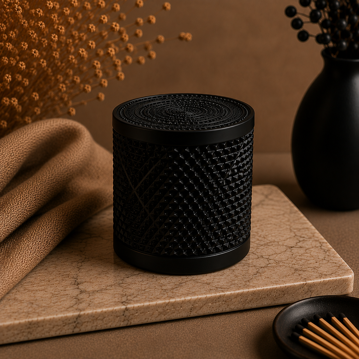 Cocoa Noir chocolate and black raspberry scented soy candle in premium black glass vessel