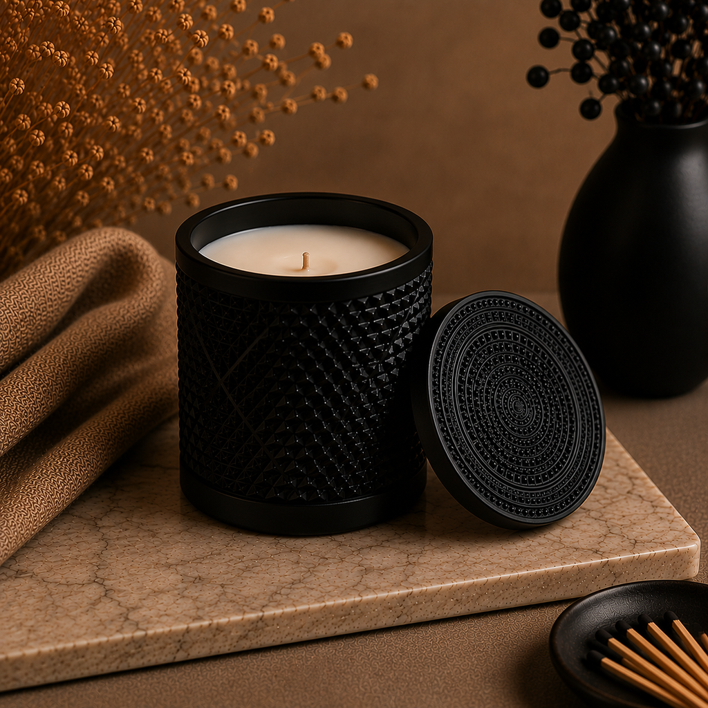 Hand-poured Cocoa Noir luxury candle with chocolate fudge and black raspberry fragrance